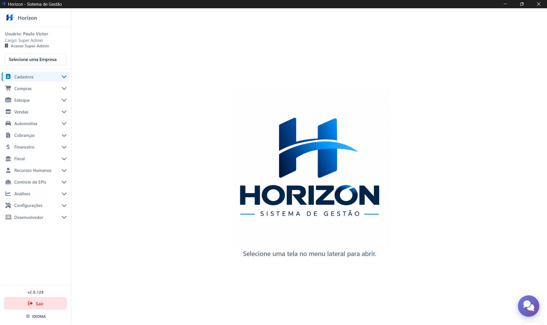 Interface do Horizon Sistema de Gestão